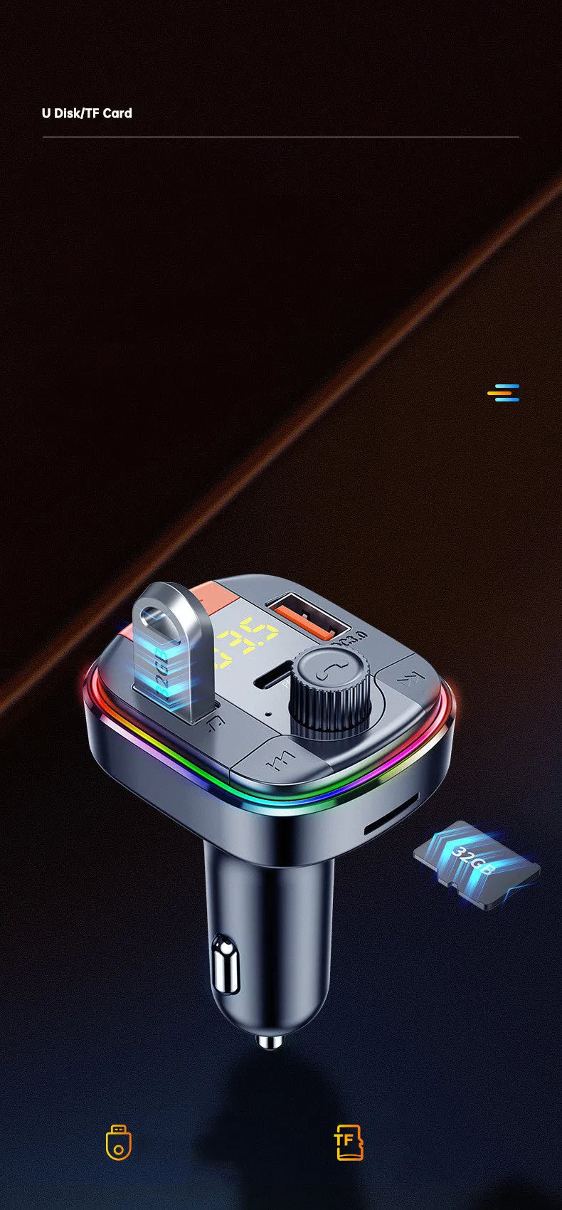 Black car Bluetooth MP3 player and fast charger with LED lights, plugged into a car cigarette lighter socket.