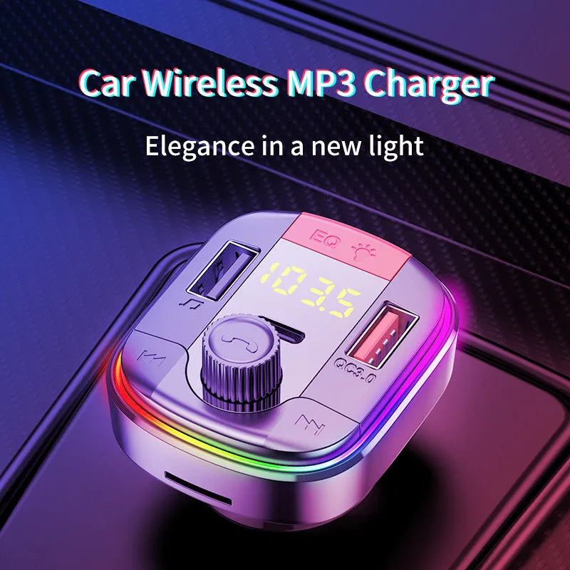 Black car Bluetooth MP3 player and fast charger with LED lights, plugged into a car cigarette lighter socket.