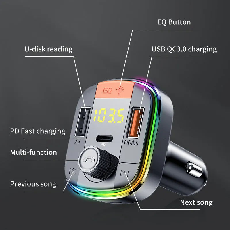 Black car Bluetooth MP3 player and fast charger with LED lights, plugged into a car cigarette lighter socket.