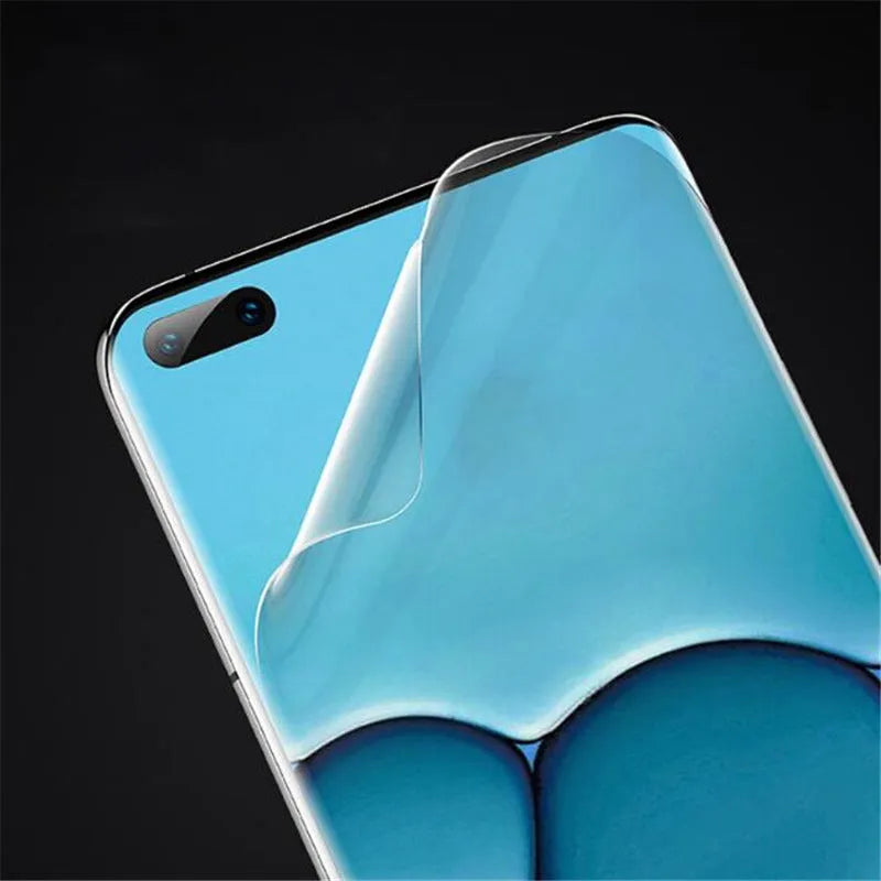 Three clear hydrogel screen protectors for Huawei and Honor phones on a white background.