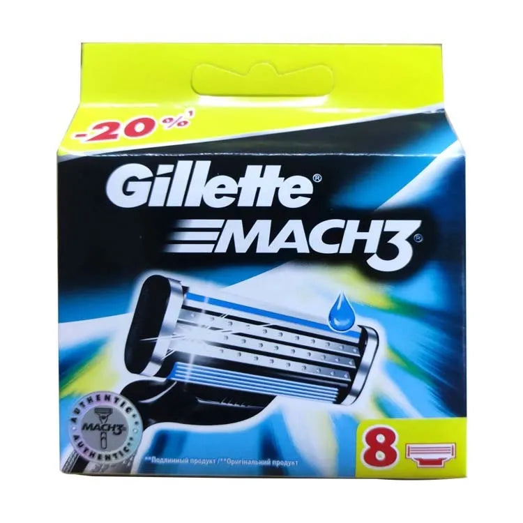 Blue manual shaver with three-layer blades and eight replacement cartridges in plastic packaging