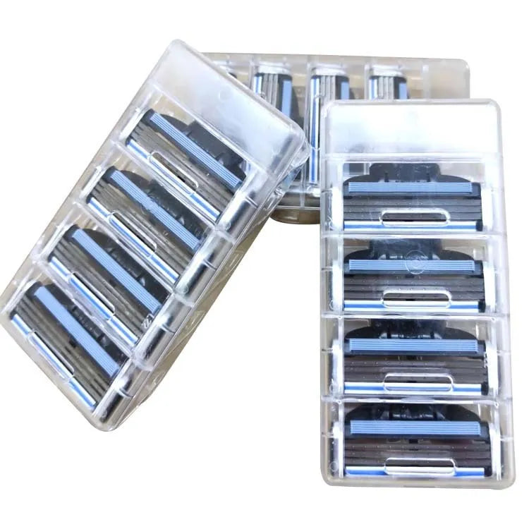 Blue manual shaver with three-layer blades and eight replacement cartridges in plastic packaging