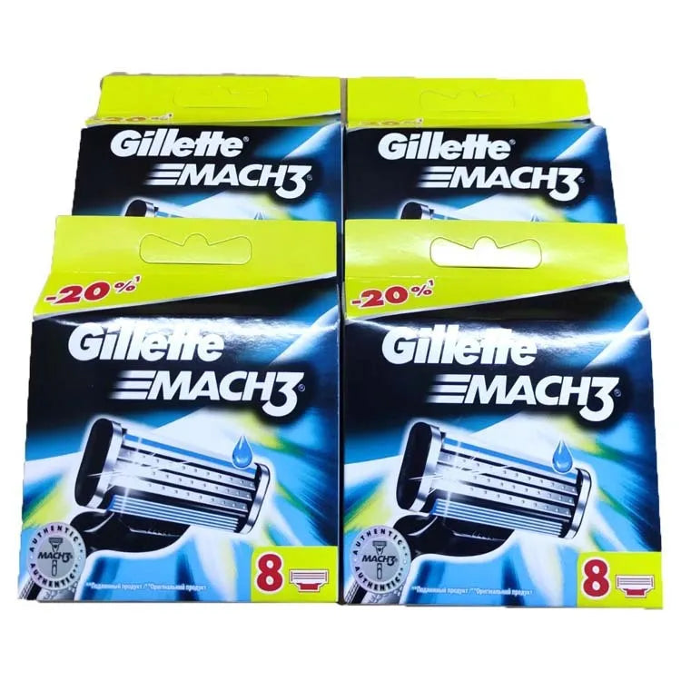 Blue manual shaver with three-layer blades and eight replacement cartridges in plastic packaging