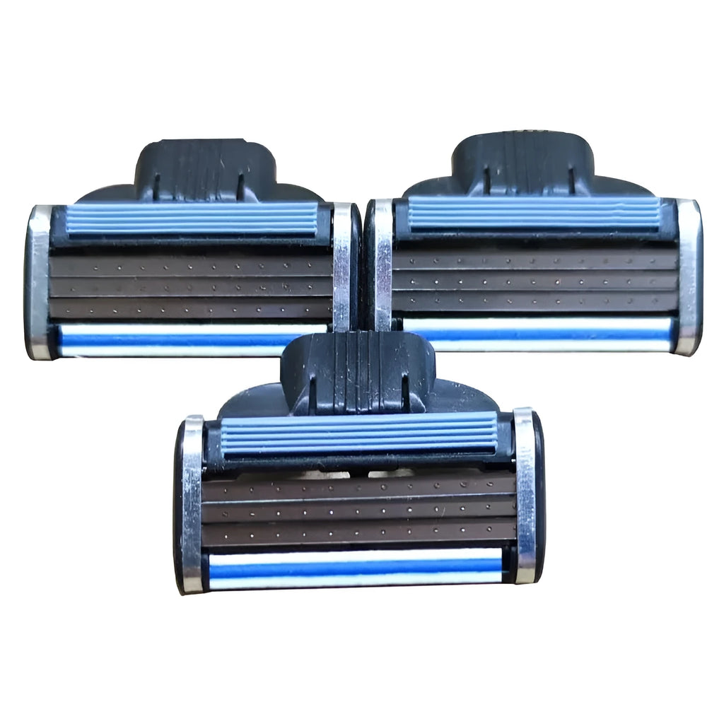 Blue manual shaver with three-layer blades and eight replacement cartridges in plastic packaging