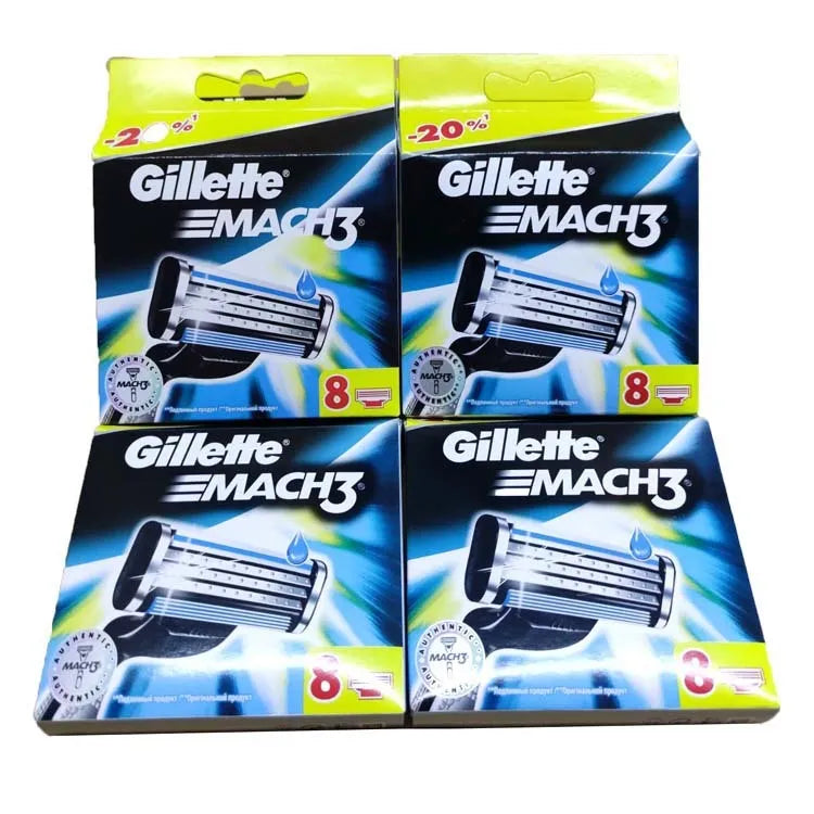 Blue manual shaver with three-layer blades and eight replacement cartridges in plastic packaging