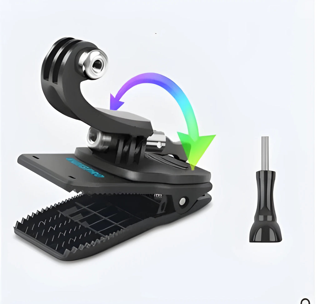 Black 360-degree rotating backpack clip for GoPro and action cameras with ABS and aluminium alloy construction