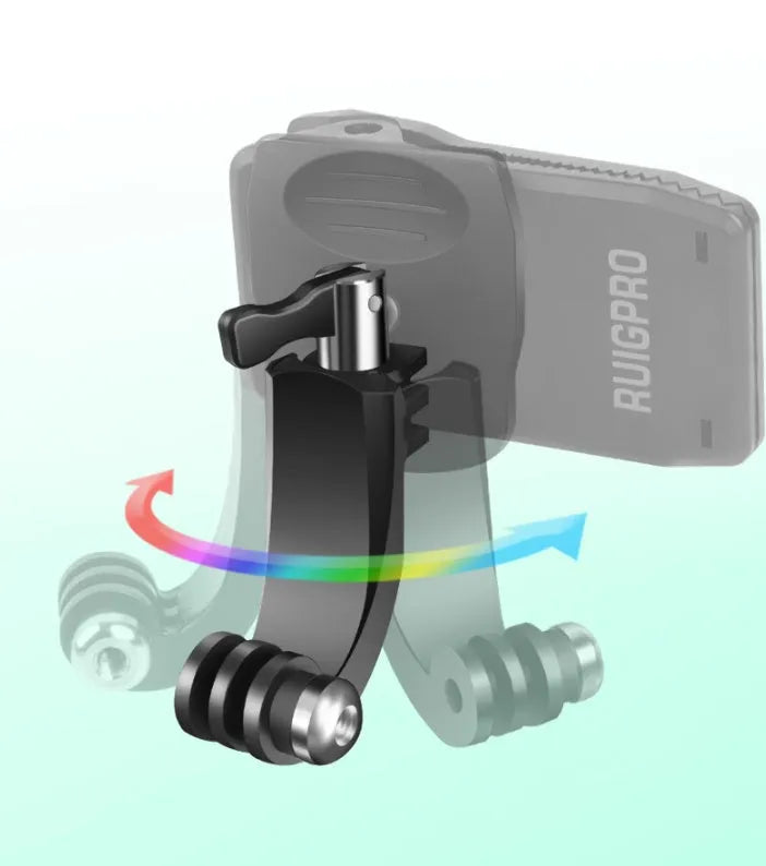 Black 360-degree rotating backpack clip for GoPro and action cameras with ABS and aluminium alloy construction