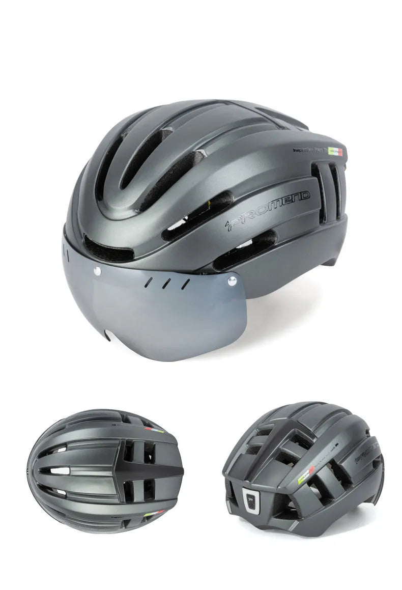 Mountain bike helmet L 57-62cm integral moulding EPS PC with USB rechargeable LED taillight and magnetic glasses lens
