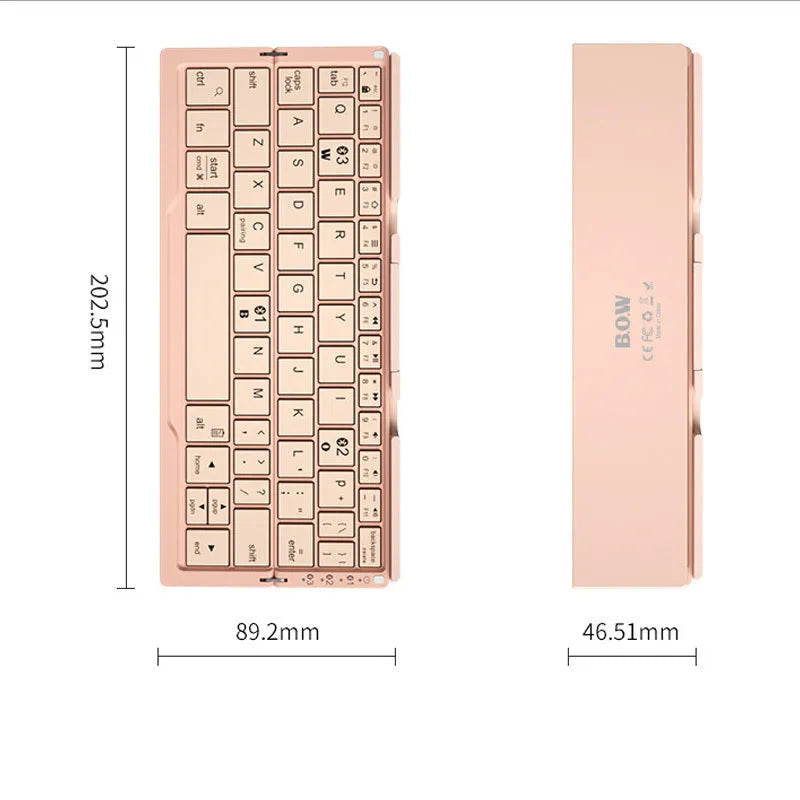 Aluminium folding Bluetooth keyboard open with phone on stand next to folded compact size