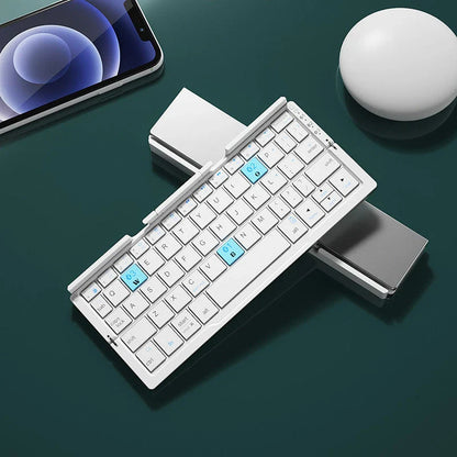 Portable Bluetooth keyboard with multi-device connectivity, adjustable stand, and compact, foldable design for seamless mobile productivity