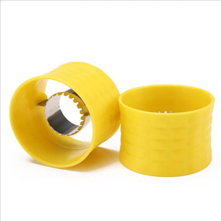 Yellow manual corn grinder thresher with corn-shaped PP grip and stainless steel gear.