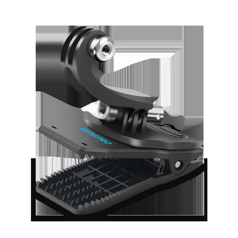 Black 360-degree rotating backpack clip for GoPro and action cameras with ABS and aluminium alloy construction