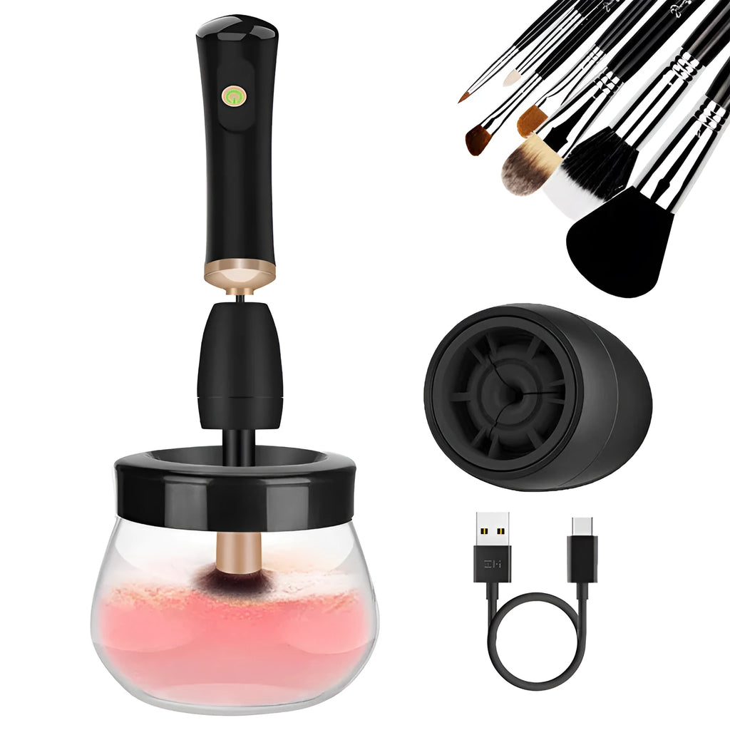 Electric makeup brush cleaning machine with silicone head and plastic handle in black, 9cm total length