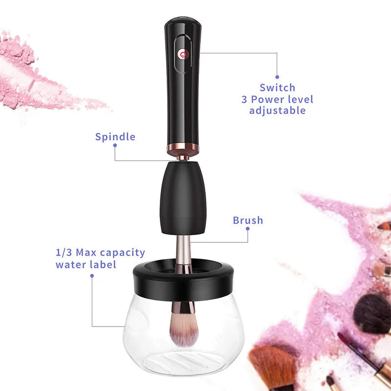 Electric makeup brush cleaning machine with silicone head and plastic handle in black, 9cm total length