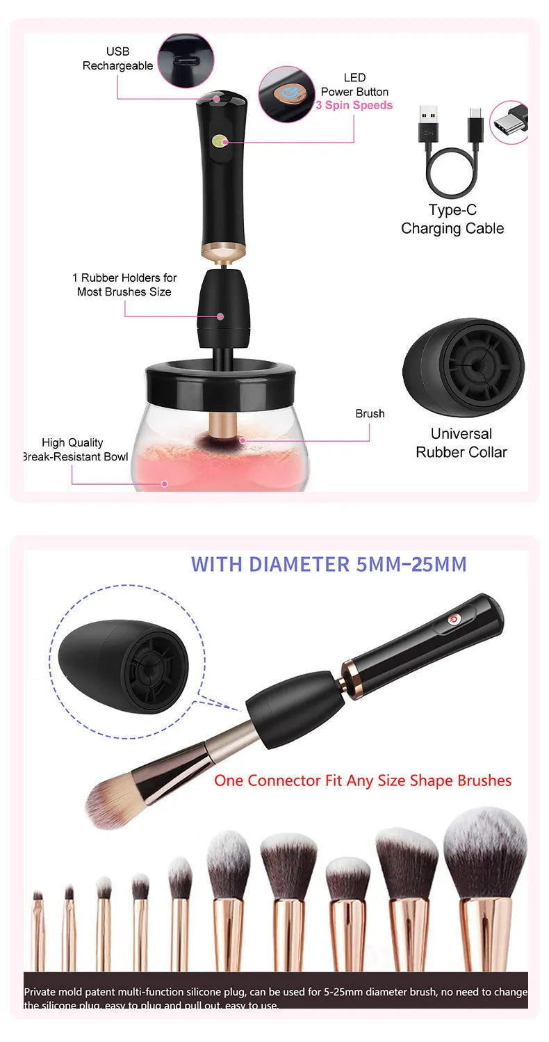 Electric makeup brush cleaning machine with silicone head and plastic handle in black, 9cm total length