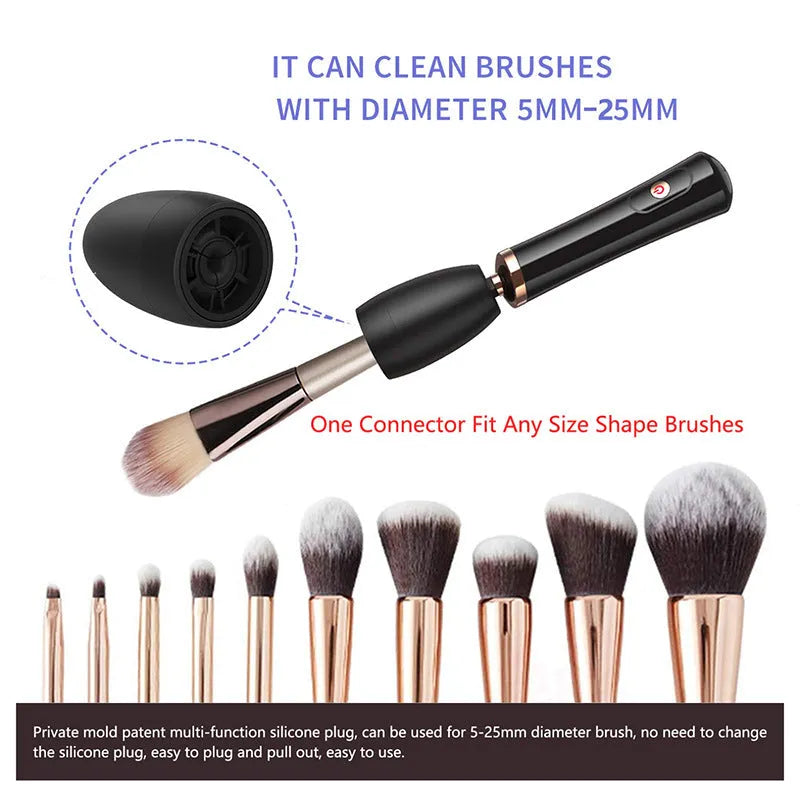 Electric makeup brush cleaning machine with silicone head and plastic handle in black, 9cm total length