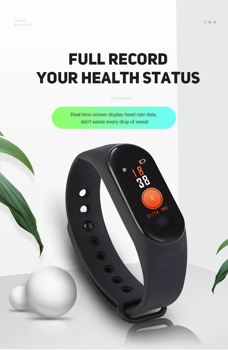 M3 smart bracelet with colour screen showing fitness data on wrist