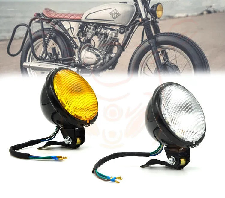 Retro yellow glass headlight with metal housing, 12V 35W, far near fog light for GM CG125 GN125, black and yellow or black and white.