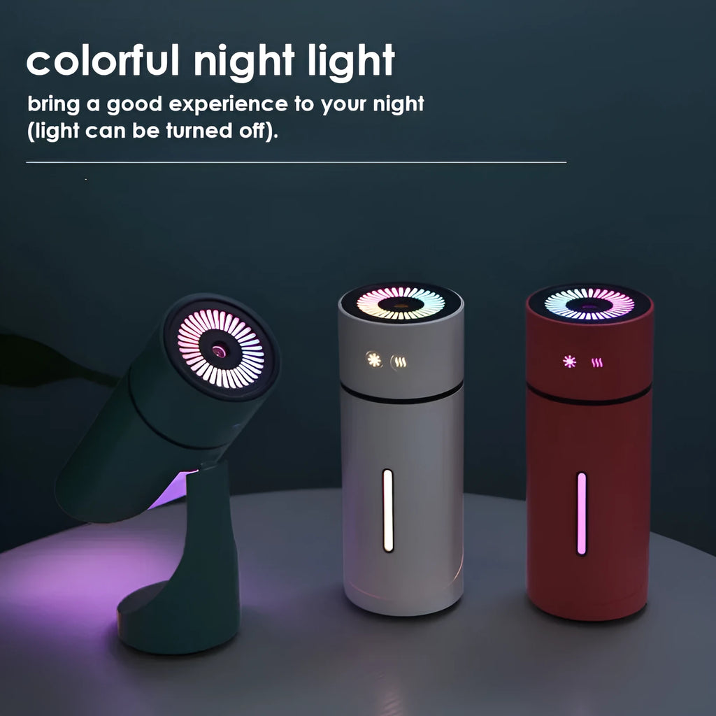 USB desktop humidifier with adjustable angle nozzle, white, with night light on, on a desk