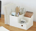 White plastic desktop bookend book stand for books, makeup storage, and desktop organisation