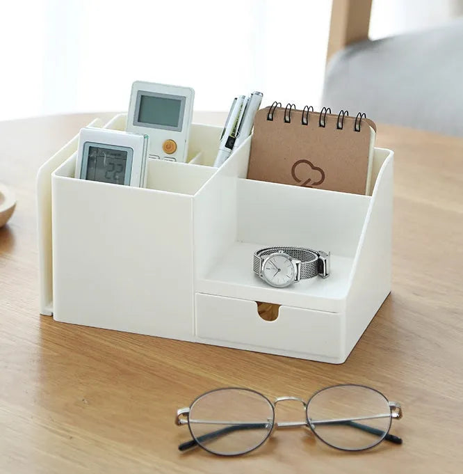 White plastic desktop bookend book stand for books, makeup storage, and desktop organisation