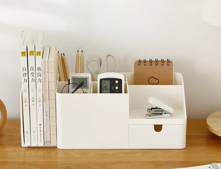 White plastic desktop bookend book stand for books, makeup storage, and desktop organisation