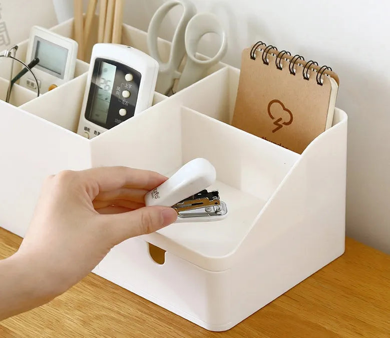 White plastic desktop bookend book stand for books, makeup storage, and desktop organisation