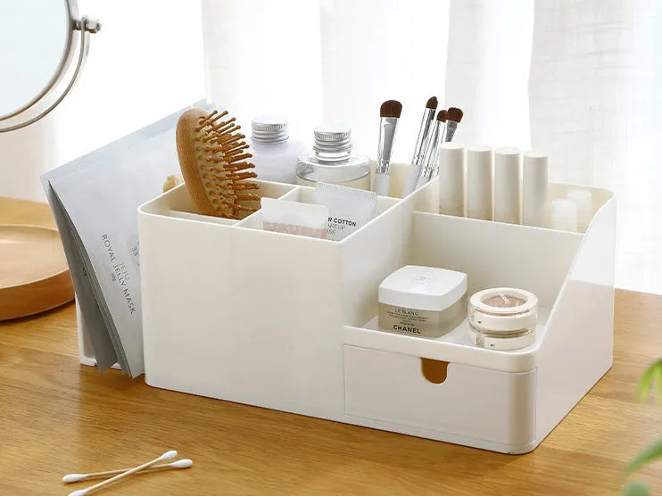 White plastic desktop bookend book stand for books, makeup storage, and desktop organisation