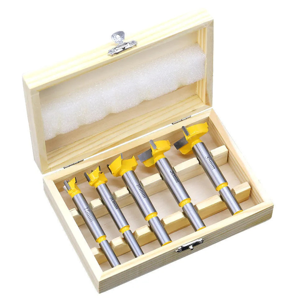 5-piece carbide wood hole opener set in a wooden box for electric drills