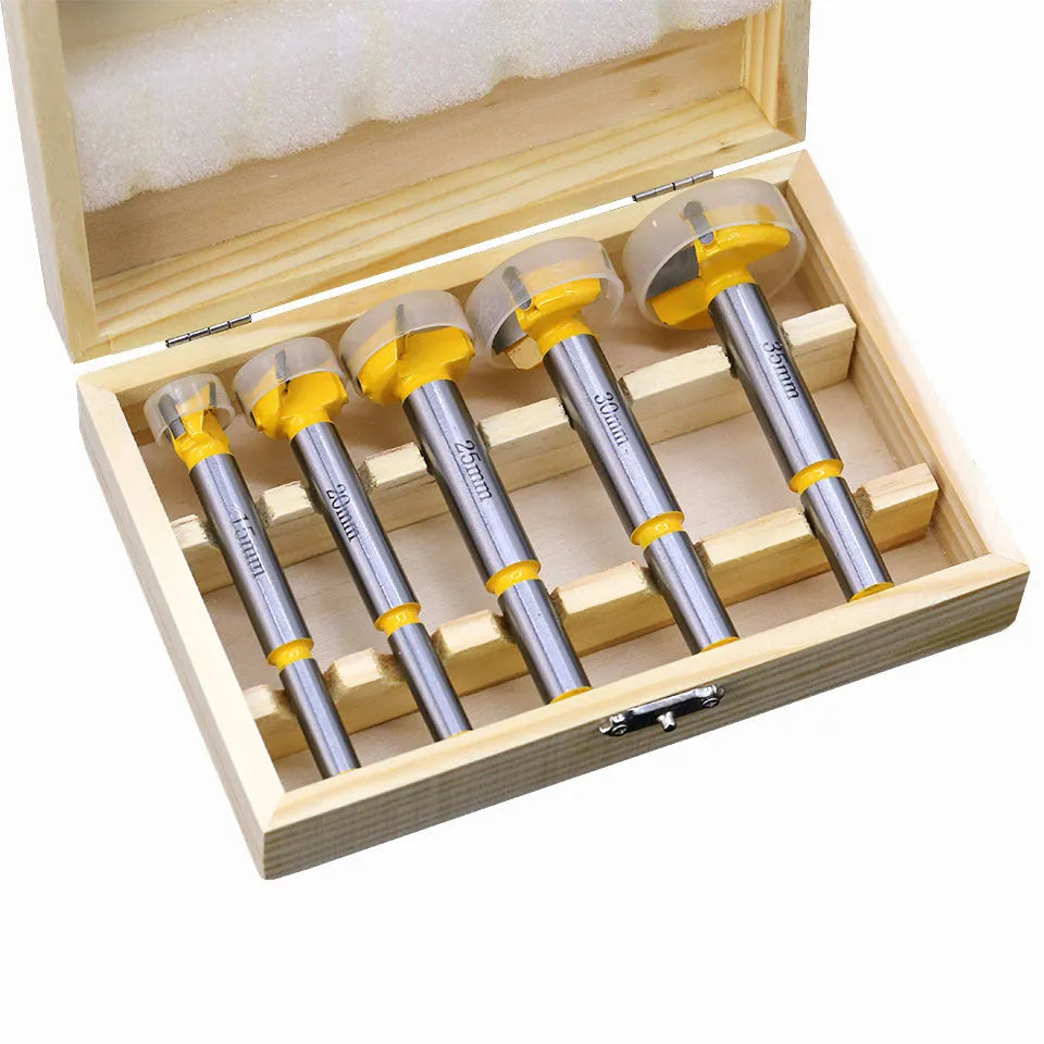 5-piece carbide wood hole opener set in a wooden box for electric drills