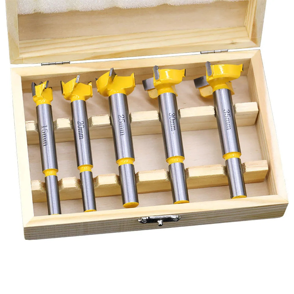 5-piece carbide wood hole opener set in a wooden box for electric drills