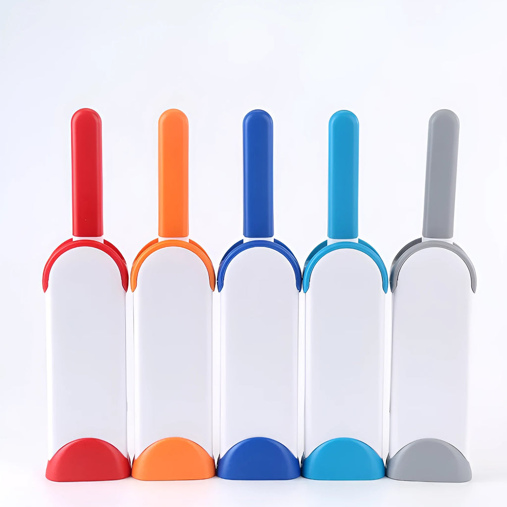 Double-sided pet brush with self-cleaning base, extra-large reusable fur comb in dark blue, gray, light blue, orange, or red.