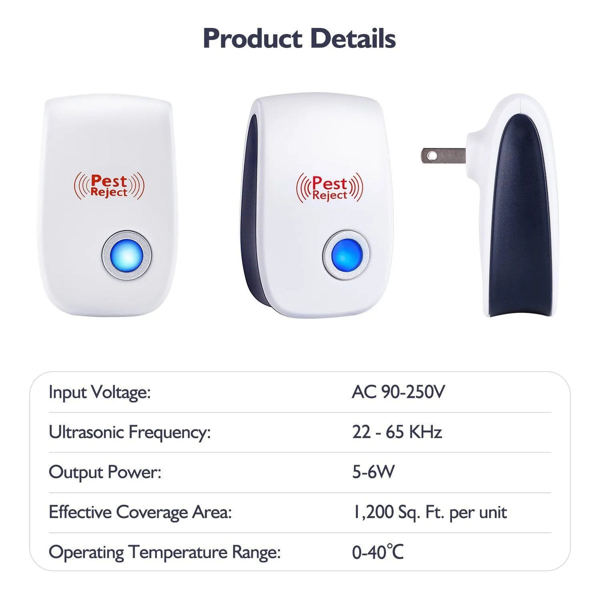 White plug-in ultrasonic pest repeller for indoor use, AC90-220V, square shape, for mosquitoes and mice