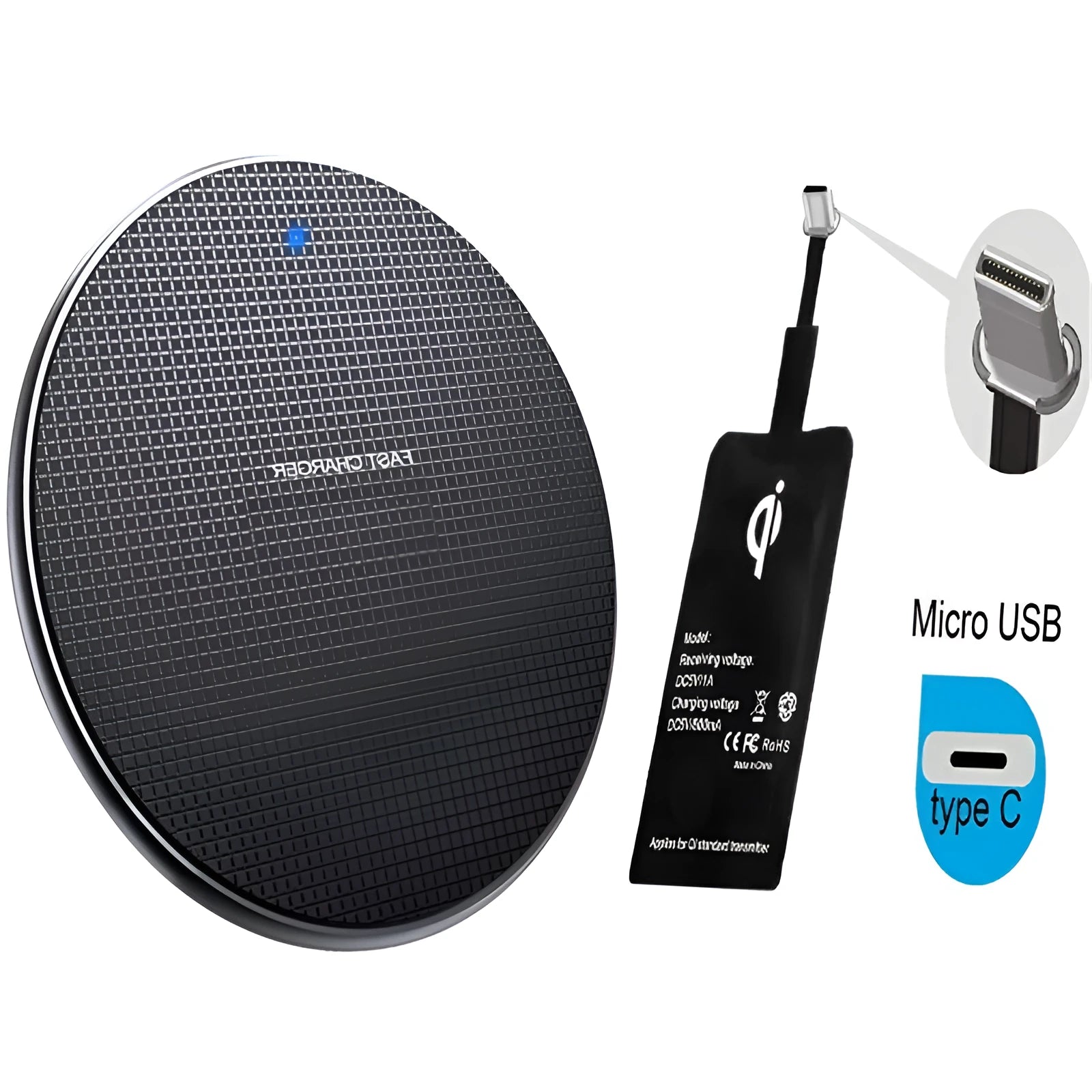 Round aluminium alloy wireless charger with black finish and Qi receiver for mobile phone charging