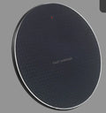 Round aluminium alloy wireless charger with black finish and Qi receiver for mobile phone charging