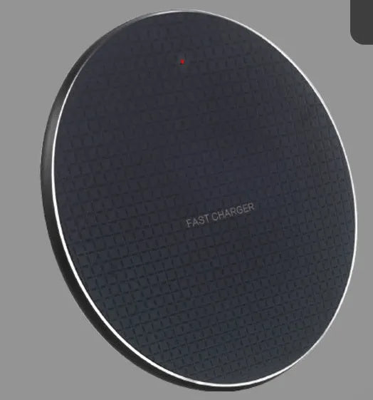 Round aluminium alloy wireless charger with black finish and Qi receiver for mobile phone charging