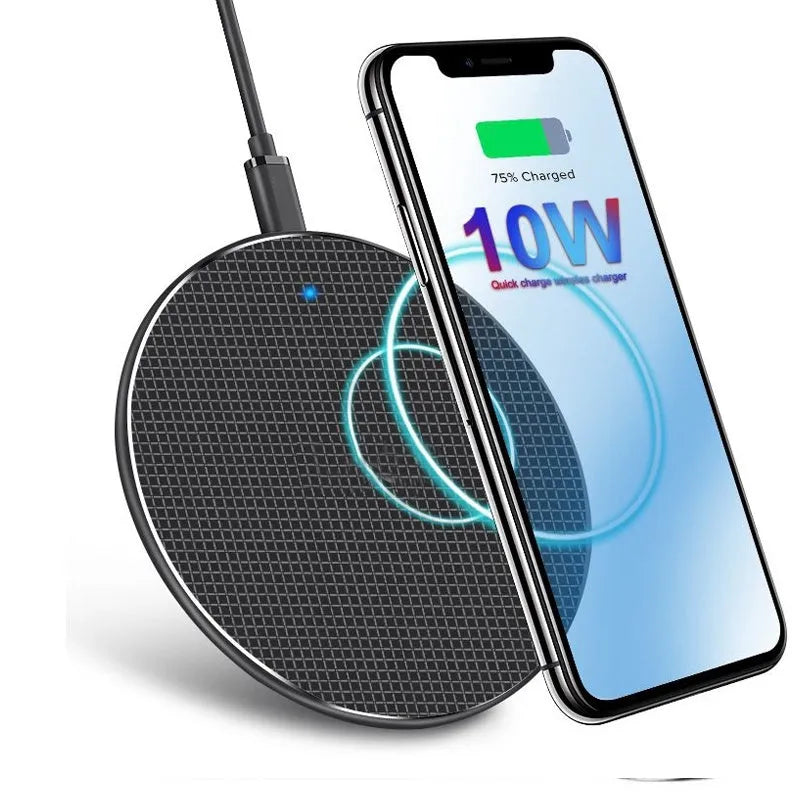 Round aluminium alloy wireless charger with black finish and Qi receiver for mobile phone charging
