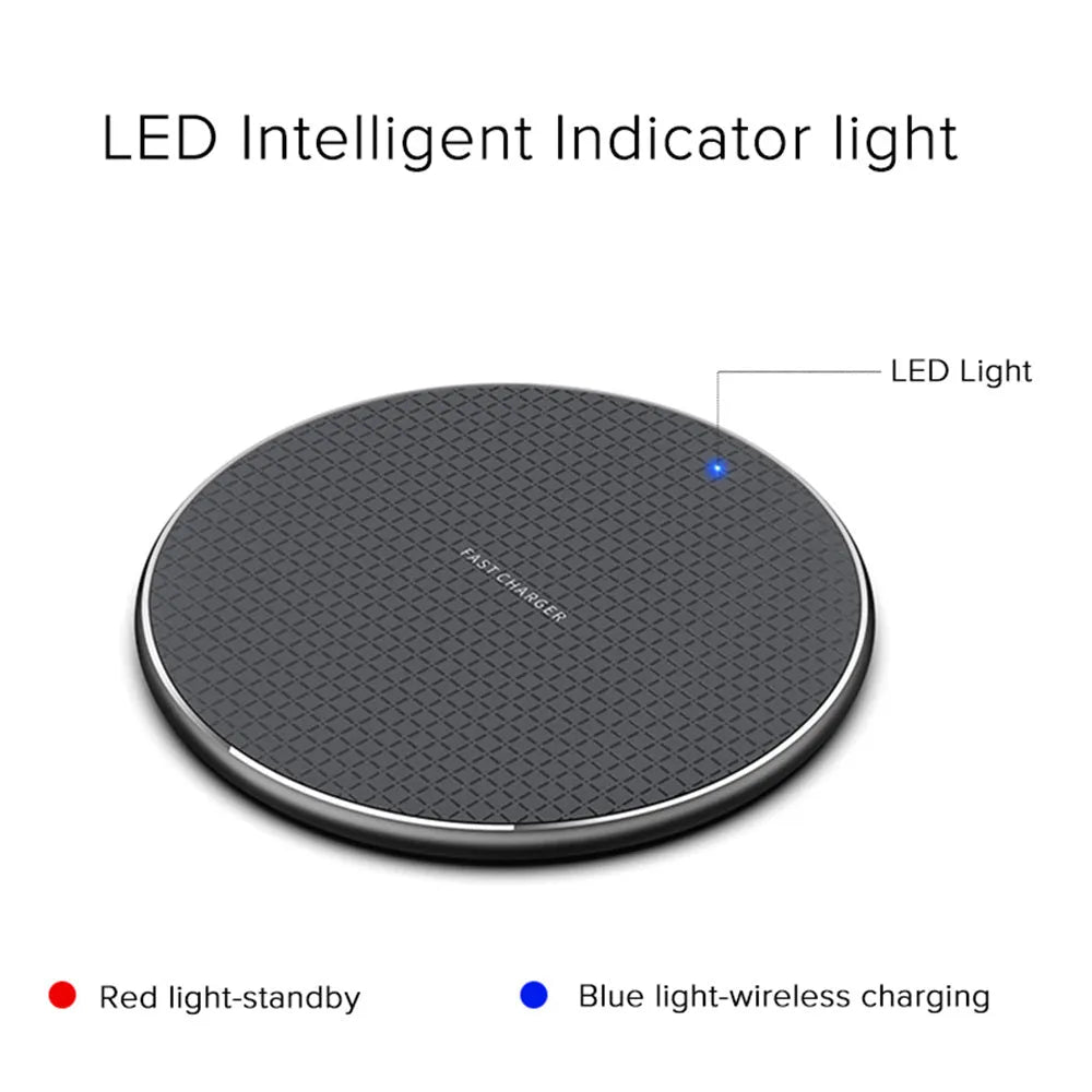 Round aluminium alloy wireless charger with black finish and Qi receiver for mobile phone charging