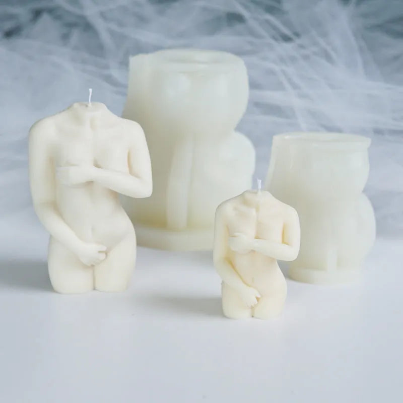 Silicone shy female body candle mould for DIY crafting in three style variations.