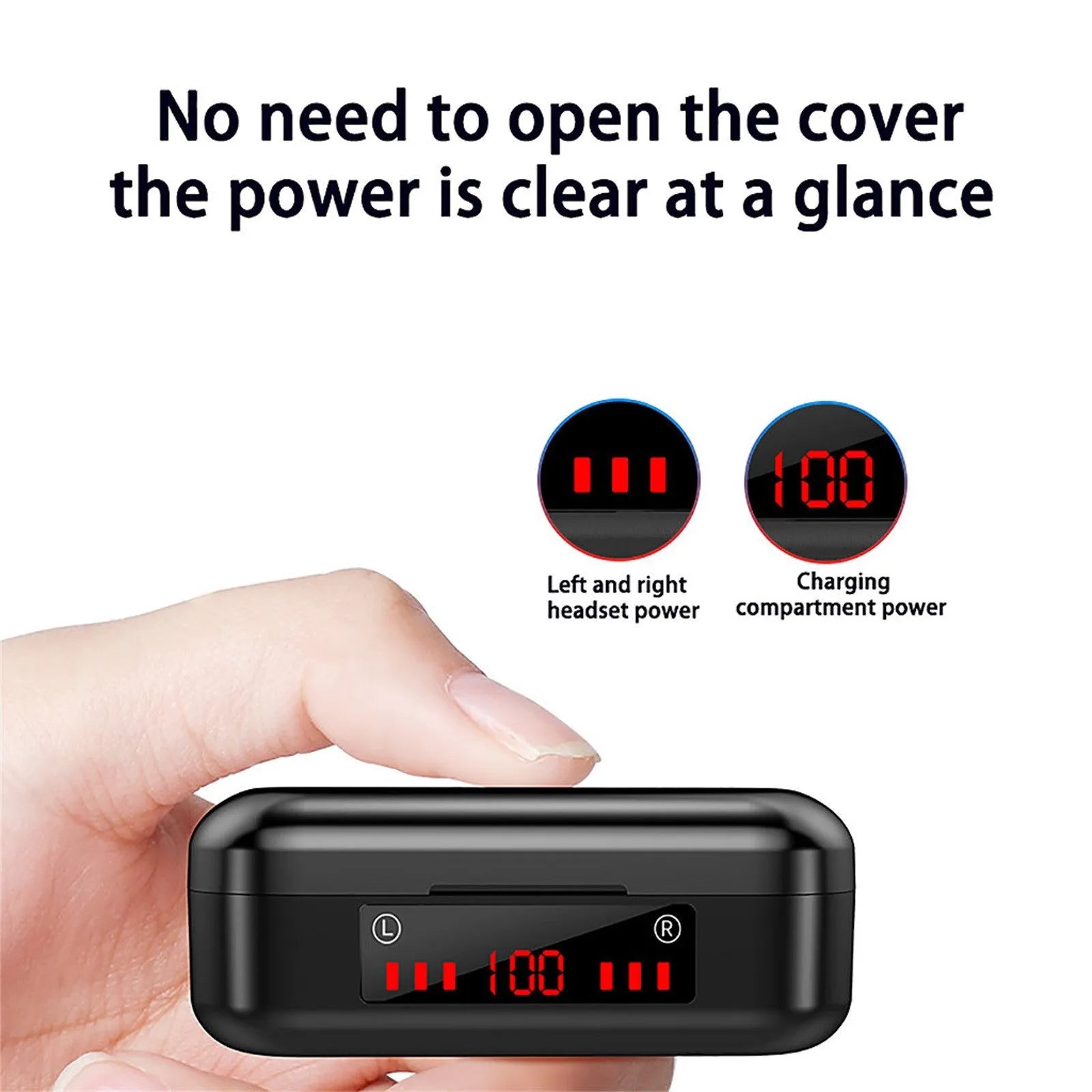 V7 LED version wireless Bluetooth stereo earbuds with charging case and three ear tip sizes.
