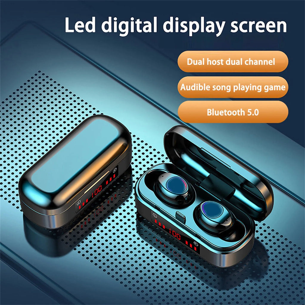 V7 LED version wireless Bluetooth stereo earbuds with charging case and three ear tip sizes.