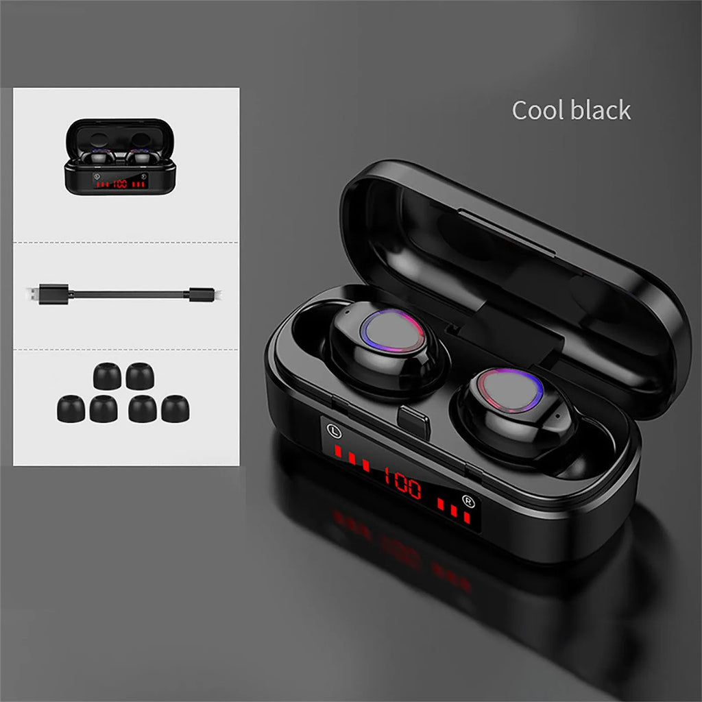 V7 LED version wireless Bluetooth stereo earbuds with charging case and three ear tip sizes.