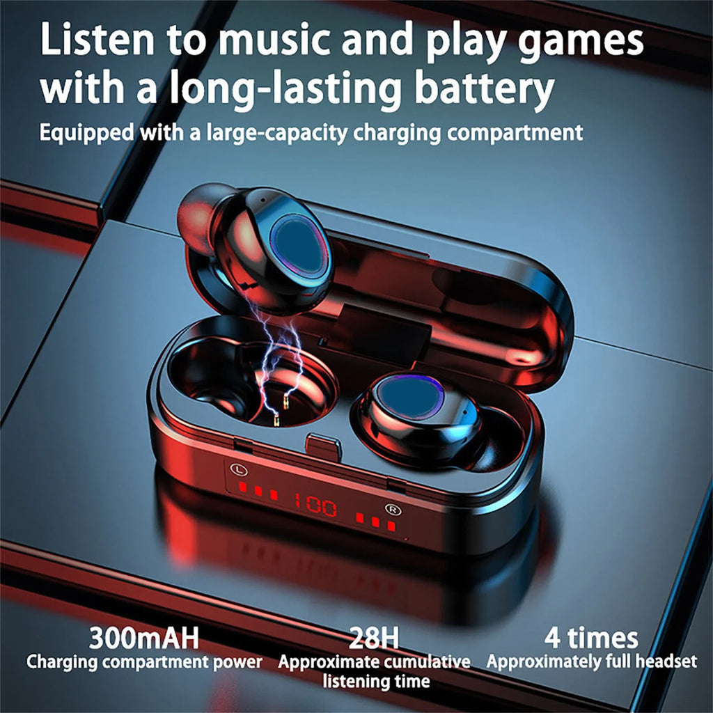 V7 LED version wireless Bluetooth stereo earbuds with charging case and three ear tip sizes.