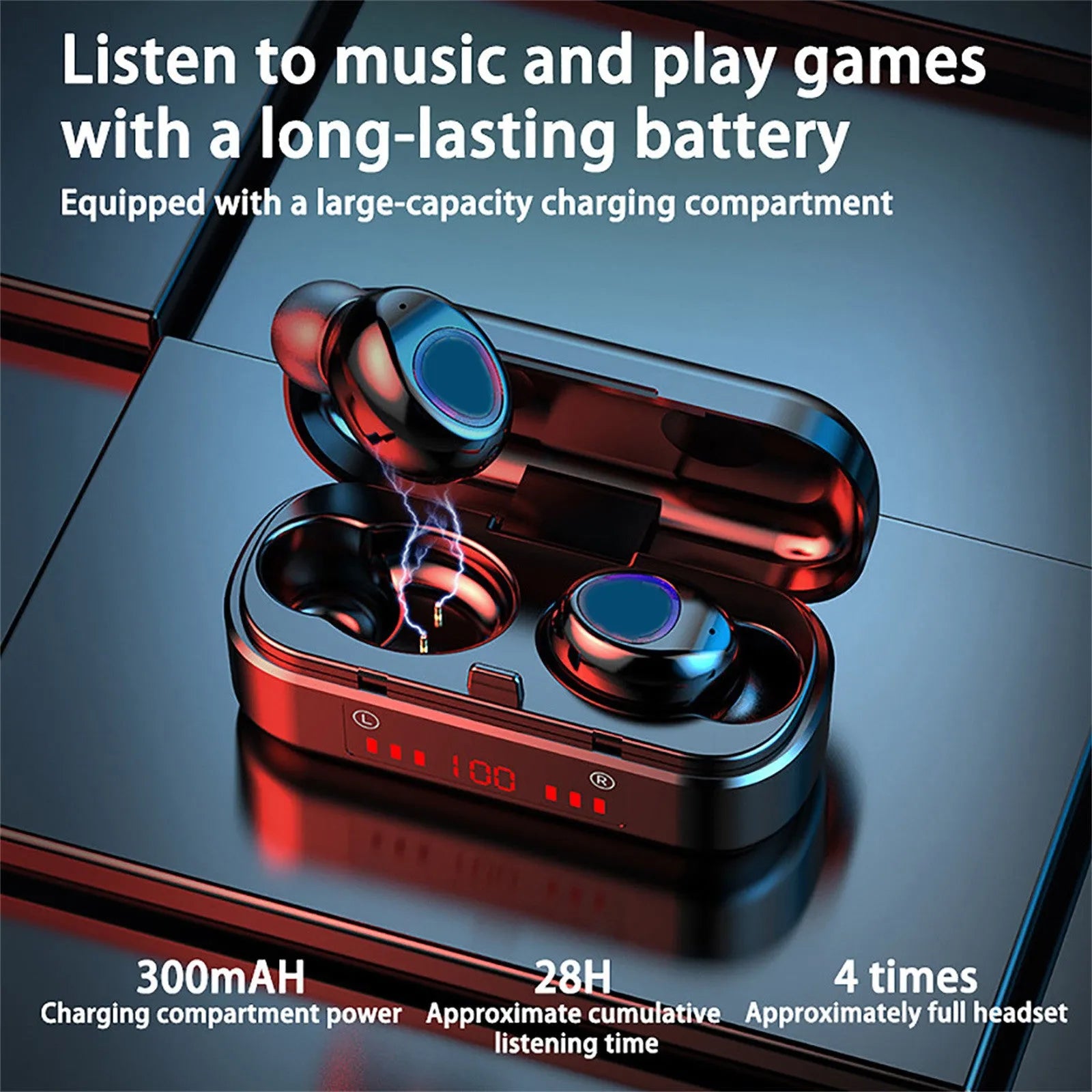 V7 LED version wireless Bluetooth stereo earbuds with charging case and three ear tip sizes.