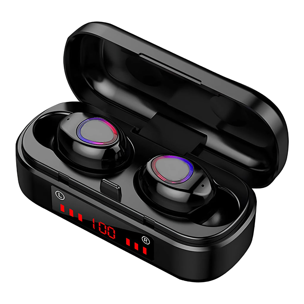 V7 LED version wireless Bluetooth stereo earbuds with charging case and three ear tip sizes.