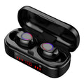 V7 LED version wireless Bluetooth stereo earbuds with charging case and three ear tip sizes.