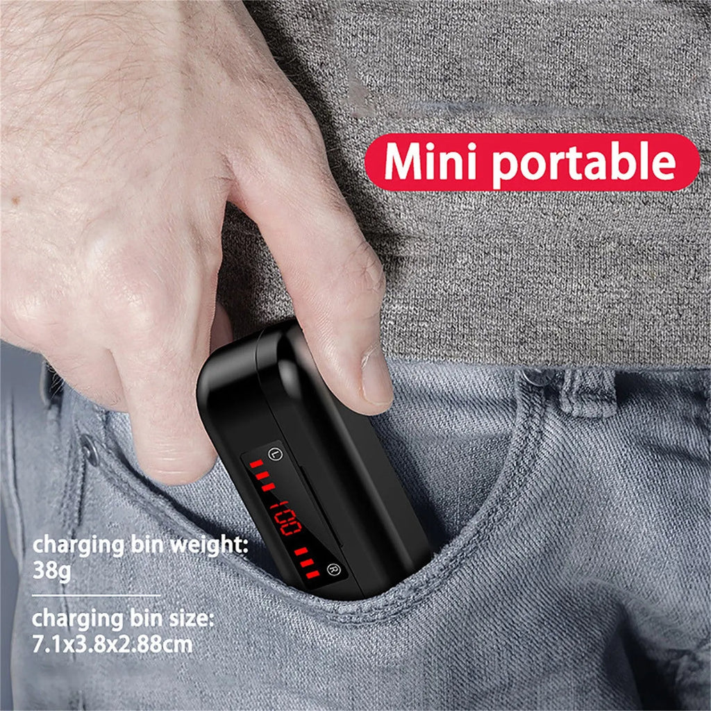 V7 LED version wireless Bluetooth stereo earbuds with charging case and three ear tip sizes.