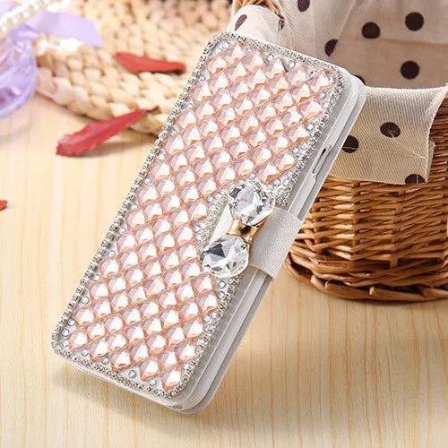 Luxury bling rhinestone wallet flip cover case in PU, 120g, Rose Gold or White, for iPhone and Samsung