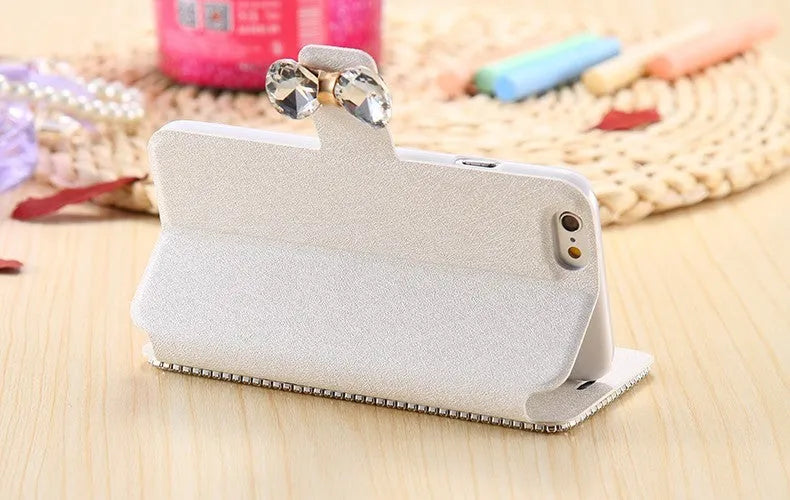Luxury bling rhinestone wallet flip cover case in PU, 120g, Rose Gold or White, for iPhone and Samsung