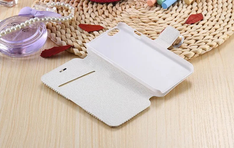 Luxury bling rhinestone wallet flip cover case in PU, 120g, Rose Gold or White, for iPhone and Samsung